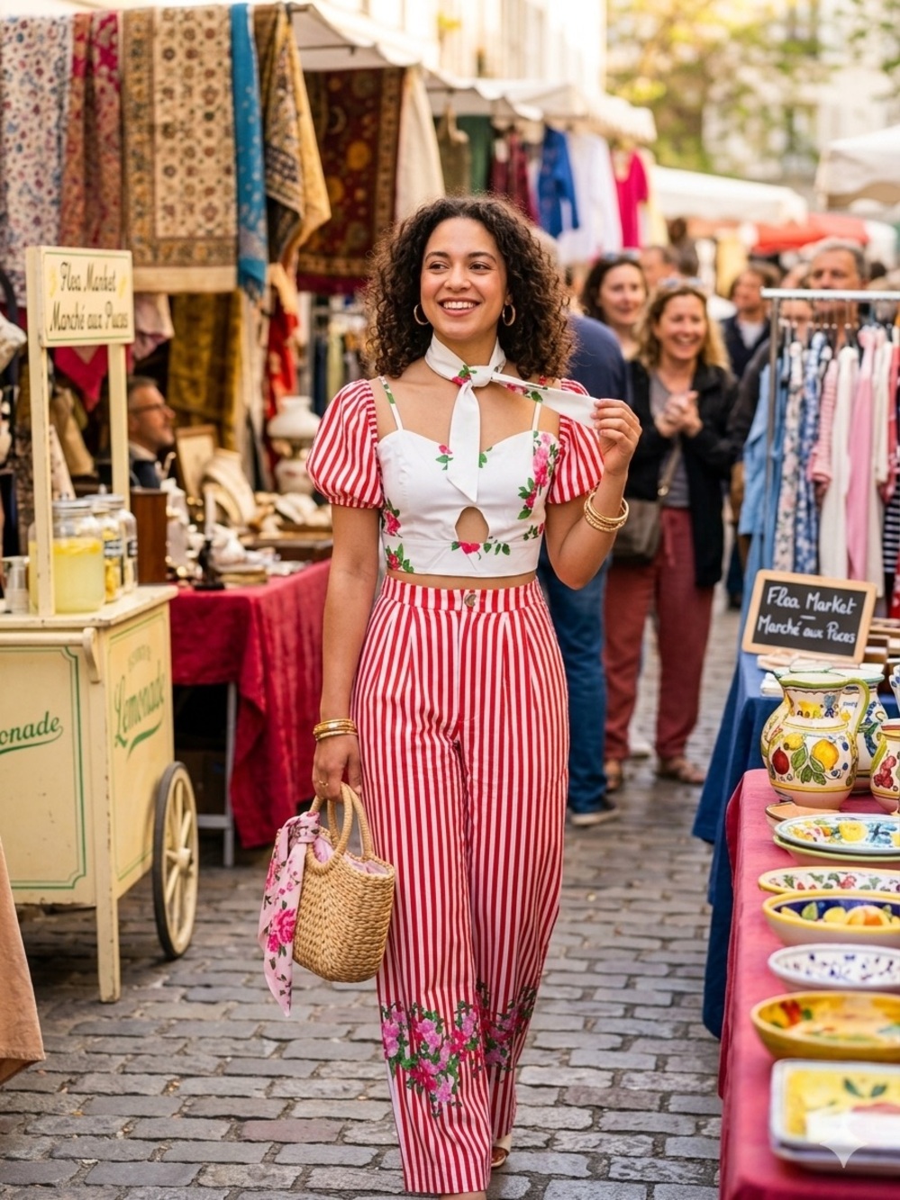 Striped High-Waist Wide Leg Pant and Crop Top set in Red & White with Floral